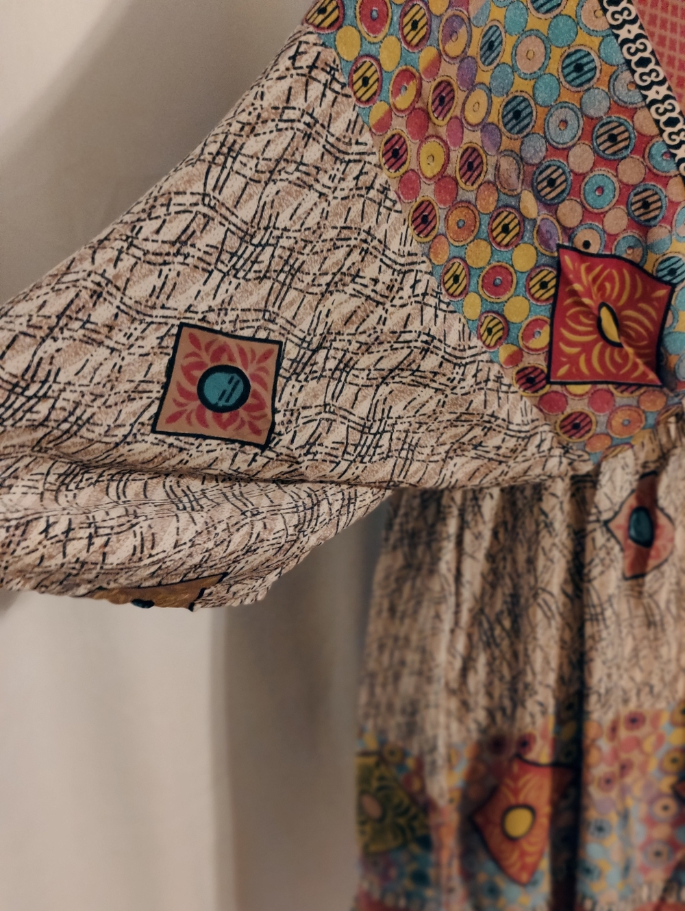 LUZ tribal Silk Kimono Dress deep V bold colors & print Resort Mini S - Picture 2 of 10